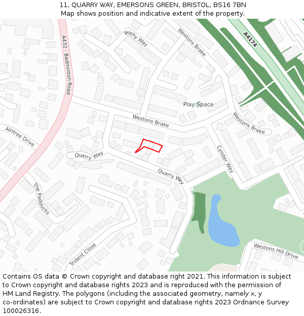 11, QUARRY WAY, EMERSONS GREEN, BRISTOL, BS16 7BN: Location map and indicative extent of plot