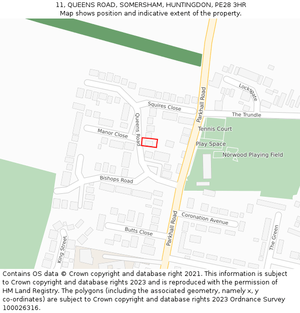 11, QUEENS ROAD, SOMERSHAM, HUNTINGDON, PE28 3HR: Location map and indicative extent of plot