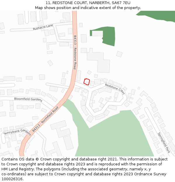 11, REDSTONE COURT, NARBERTH, SA67 7EU: Location map and indicative extent of plot