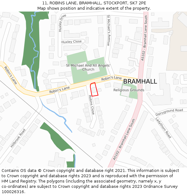 11, ROBINS LANE, BRAMHALL, STOCKPORT, SK7 2PE: Location map and indicative extent of plot