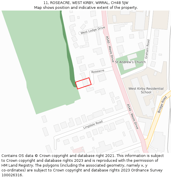11, ROSEACRE, WEST KIRBY, WIRRAL, CH48 5JW: Location map and indicative extent of plot