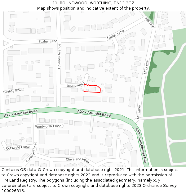 11, ROUNDWOOD, WORTHING, BN13 3GZ: Location map and indicative extent of plot