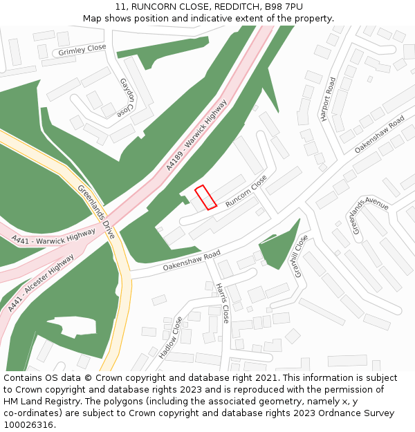 11, RUNCORN CLOSE, REDDITCH, B98 7PU: Location map and indicative extent of plot