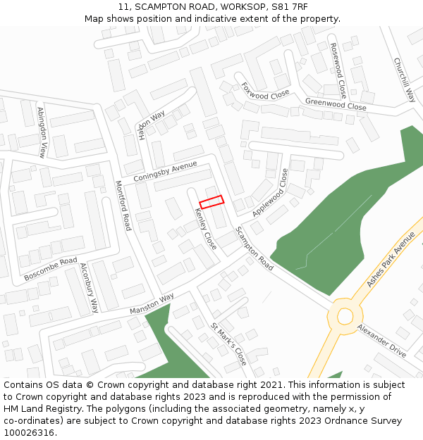 11, SCAMPTON ROAD, WORKSOP, S81 7RF: Location map and indicative extent of plot