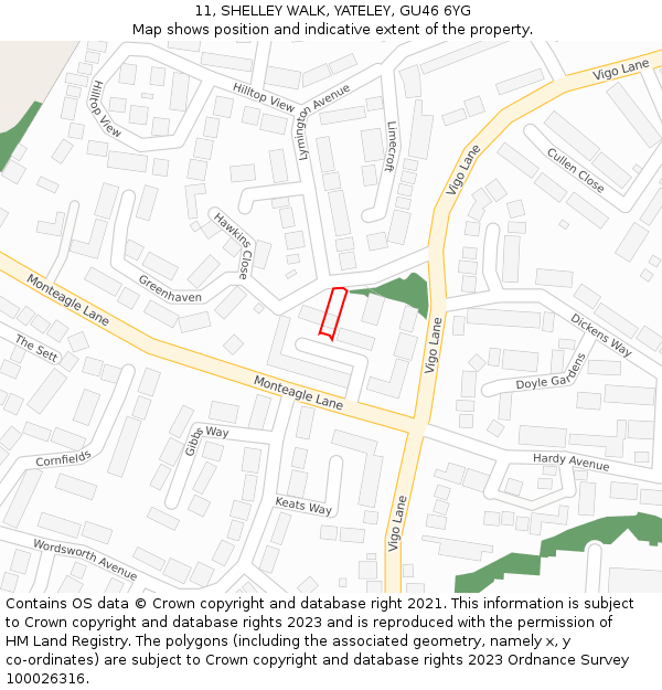 11, SHELLEY WALK, YATELEY, GU46 6YG: Location map and indicative extent of plot