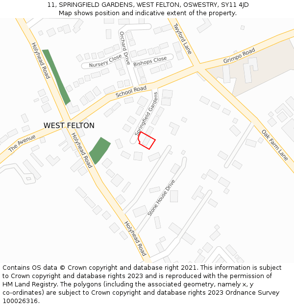 11, SPRINGFIELD GARDENS, WEST FELTON, OSWESTRY, SY11 4JD: Location map and indicative extent of plot