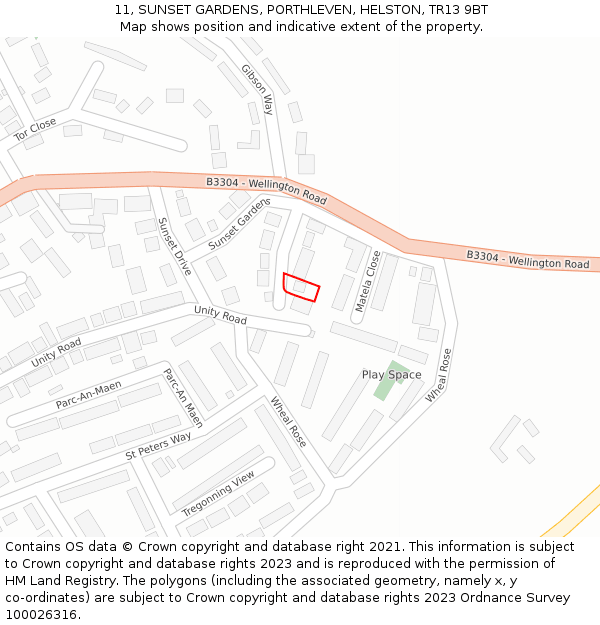 11, SUNSET GARDENS, PORTHLEVEN, HELSTON, TR13 9BT: Location map and indicative extent of plot