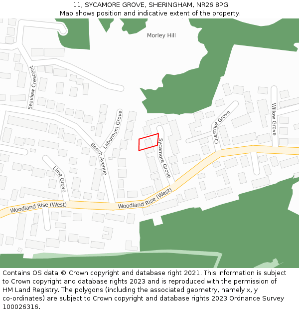 11, SYCAMORE GROVE, SHERINGHAM, NR26 8PG: Location map and indicative extent of plot