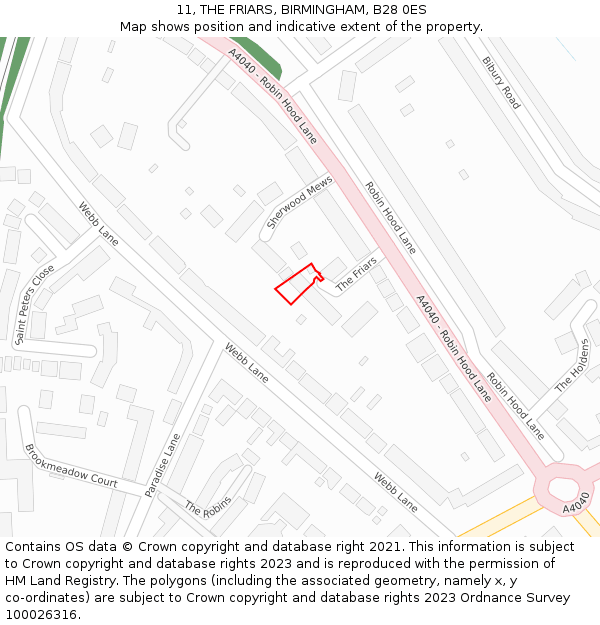 11, THE FRIARS, BIRMINGHAM, B28 0ES: Location map and indicative extent of plot