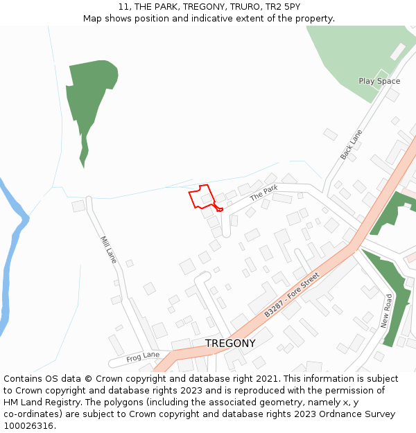 11, THE PARK, TREGONY, TRURO, TR2 5PY: Location map and indicative extent of plot