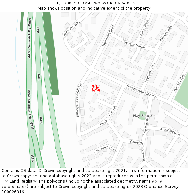 11, TORRES CLOSE, WARWICK, CV34 6DS: Location map and indicative extent of plot