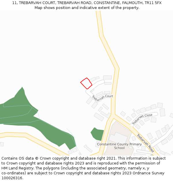 11, TREBARVAH COURT, TREBARVAH ROAD, CONSTANTINE, FALMOUTH, TR11 5FX: Location map and indicative extent of plot