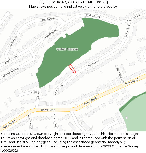 11, TREJON ROAD, CRADLEY HEATH, B64 7HJ: Location map and indicative extent of plot