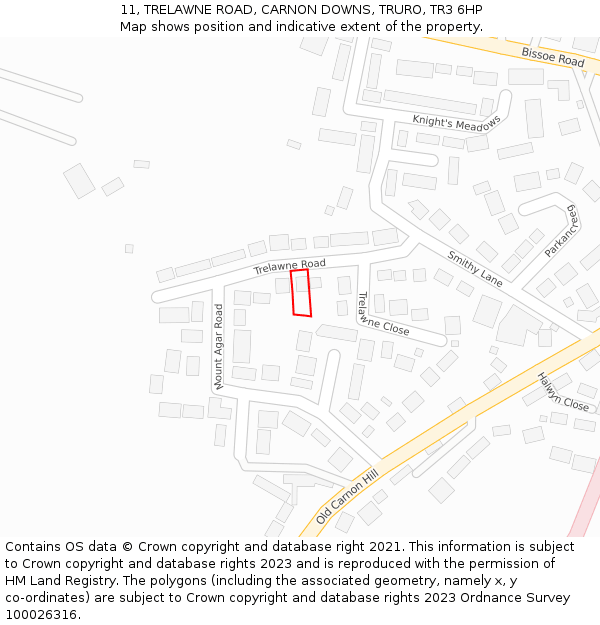 11, TRELAWNE ROAD, CARNON DOWNS, TRURO, TR3 6HP: Location map and indicative extent of plot