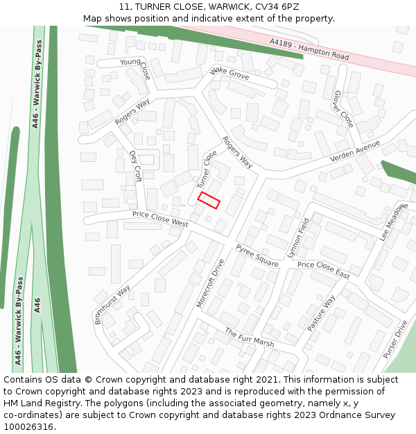 11, TURNER CLOSE, WARWICK, CV34 6PZ: Location map and indicative extent of plot