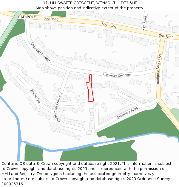 11, ULLSWATER CRESCENT, WEYMOUTH, DT3 5HE: Location map and indicative extent of plot