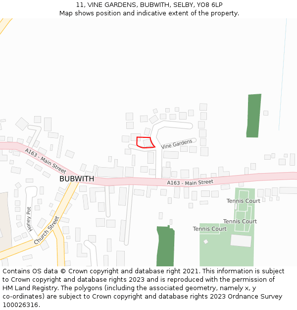 11, VINE GARDENS, BUBWITH, SELBY, YO8 6LP: Location map and indicative extent of plot