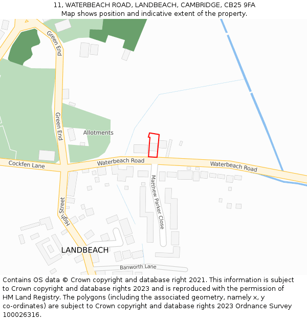 11, WATERBEACH ROAD, LANDBEACH, CAMBRIDGE, CB25 9FA: Location map and indicative extent of plot