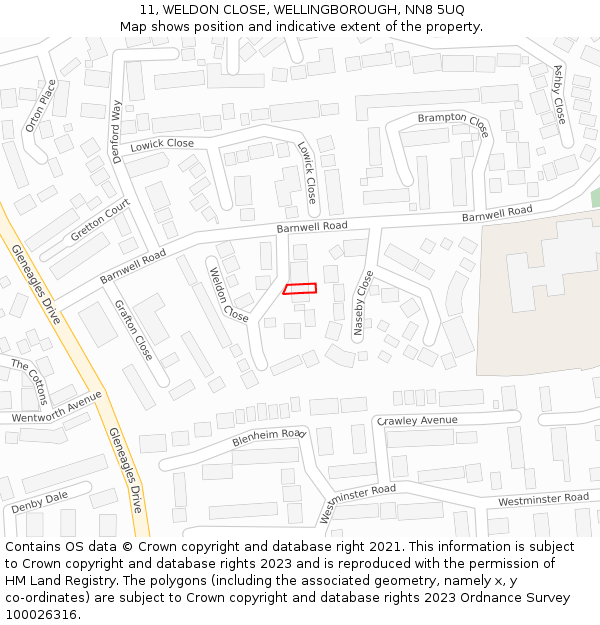 11, WELDON CLOSE, WELLINGBOROUGH, NN8 5UQ: Location map and indicative extent of plot