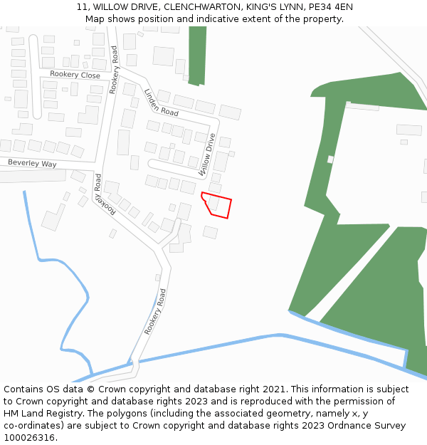 11, WILLOW DRIVE, CLENCHWARTON, KING'S LYNN, PE34 4EN: Location map and indicative extent of plot