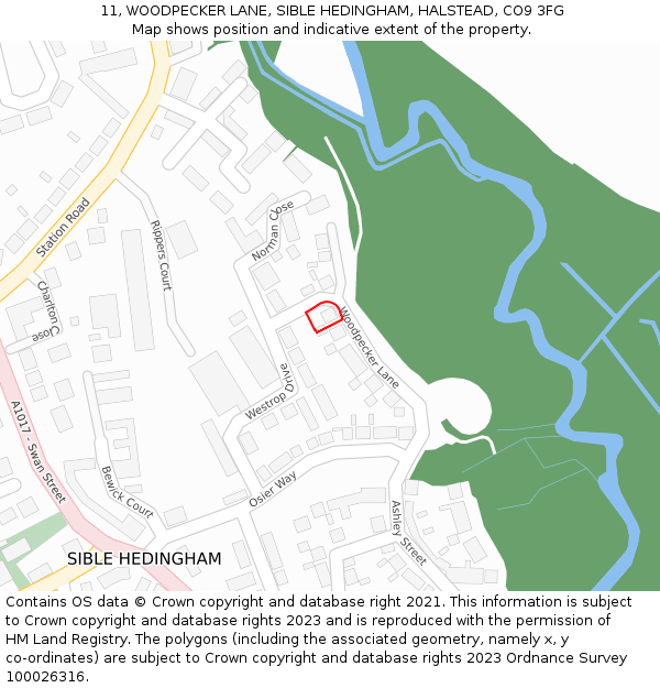 11, WOODPECKER LANE, SIBLE HEDINGHAM, HALSTEAD, CO9 3FG: Location map and indicative extent of plot