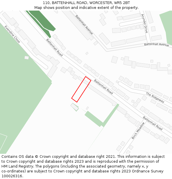 110, BATTENHALL ROAD, WORCESTER, WR5 2BT: Location map and indicative extent of plot