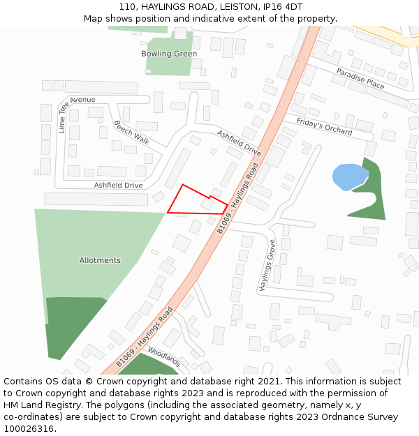 110, HAYLINGS ROAD, LEISTON, IP16 4DT: Location map and indicative extent of plot
