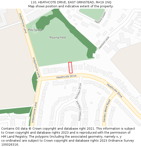 110, HEATHCOTE DRIVE, EAST GRINSTEAD, RH19 1NQ: Location map and indicative extent of plot