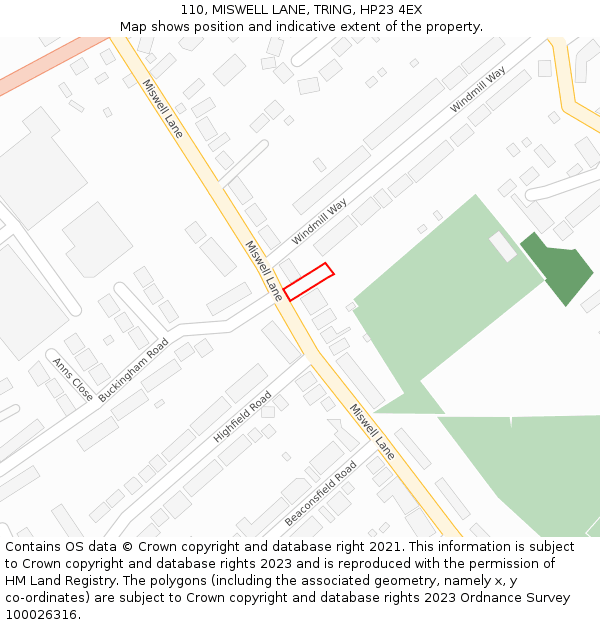 110, MISWELL LANE, TRING, HP23 4EX: Location map and indicative extent of plot