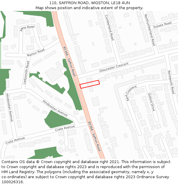 110, SAFFRON ROAD, WIGSTON, LE18 4UN: Location map and indicative extent of plot