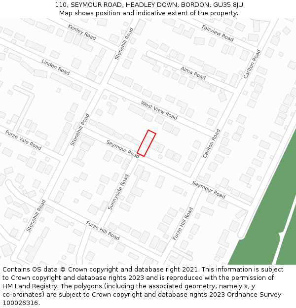 110, SEYMOUR ROAD, HEADLEY DOWN, BORDON, GU35 8JU: Location map and indicative extent of plot