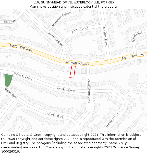 110, SUNNYMEAD DRIVE, WATERLOOVILLE, PO7 6BX: Location map and indicative extent of plot