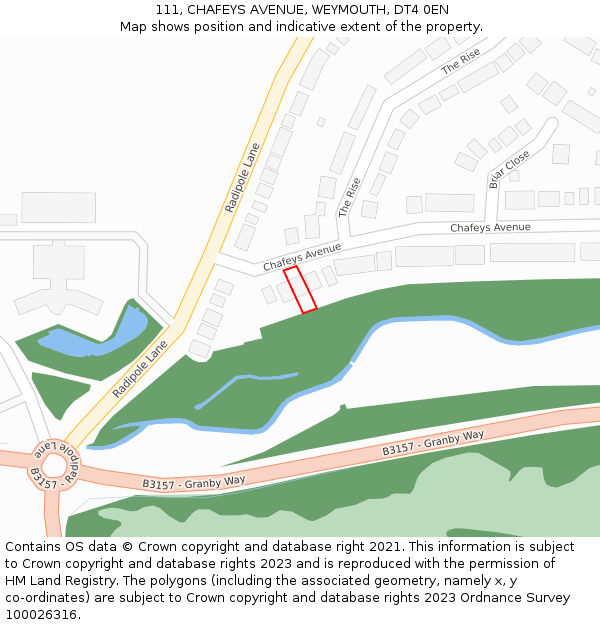 111, CHAFEYS AVENUE, WEYMOUTH, DT4 0EN: Location map and indicative extent of plot