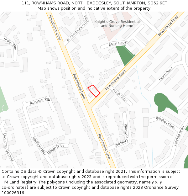 111, ROWNHAMS ROAD, NORTH BADDESLEY, SOUTHAMPTON, SO52 9ET: Location map and indicative extent of plot