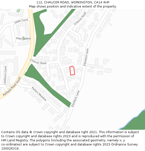 112, CHAUCER ROAD, WORKINGTON, CA14 4HP: Location map and indicative extent of plot