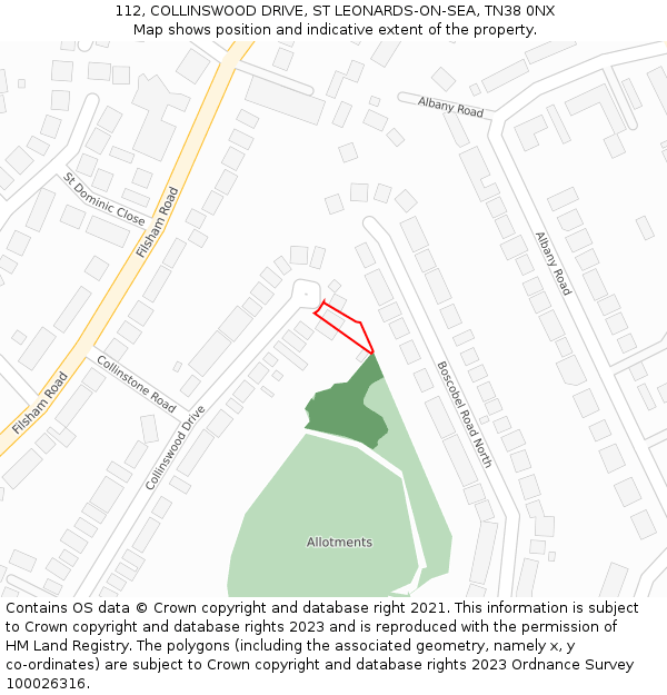 112, COLLINSWOOD DRIVE, ST LEONARDS-ON-SEA, TN38 0NX: Location map and indicative extent of plot