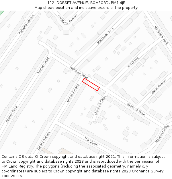 112, DORSET AVENUE, ROMFORD, RM1 4JB: Location map and indicative extent of plot