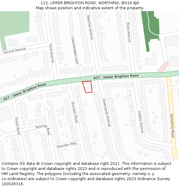 112, UPPER BRIGHTON ROAD, WORTHING, BN14 9JA: Location map and indicative extent of plot