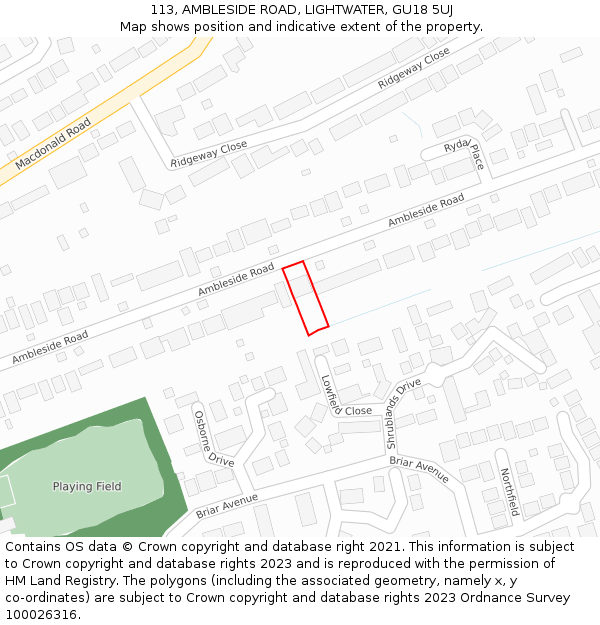 113, AMBLESIDE ROAD, LIGHTWATER, GU18 5UJ: Location map and indicative extent of plot