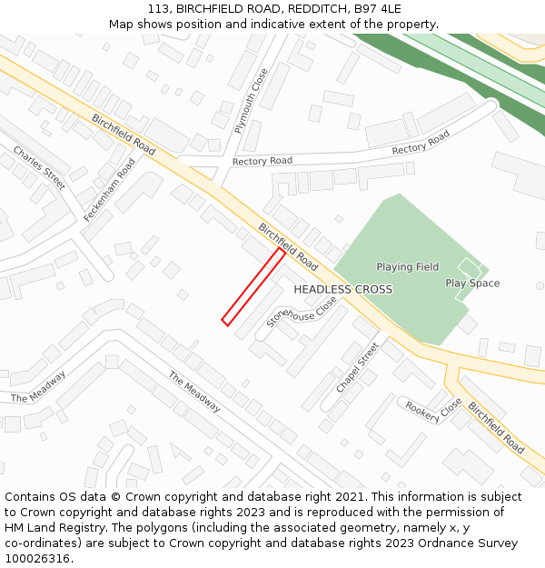 113, BIRCHFIELD ROAD, REDDITCH, B97 4LE: Location map and indicative extent of plot