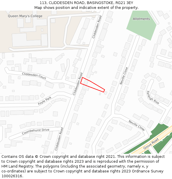 113, CLIDDESDEN ROAD, BASINGSTOKE, RG21 3EY: Location map and indicative extent of plot