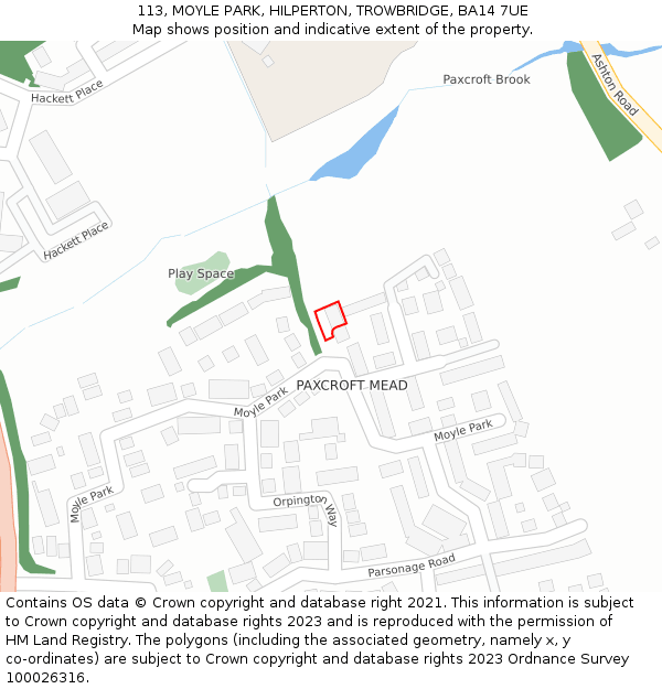 113, MOYLE PARK, HILPERTON, TROWBRIDGE, BA14 7UE: Location map and indicative extent of plot