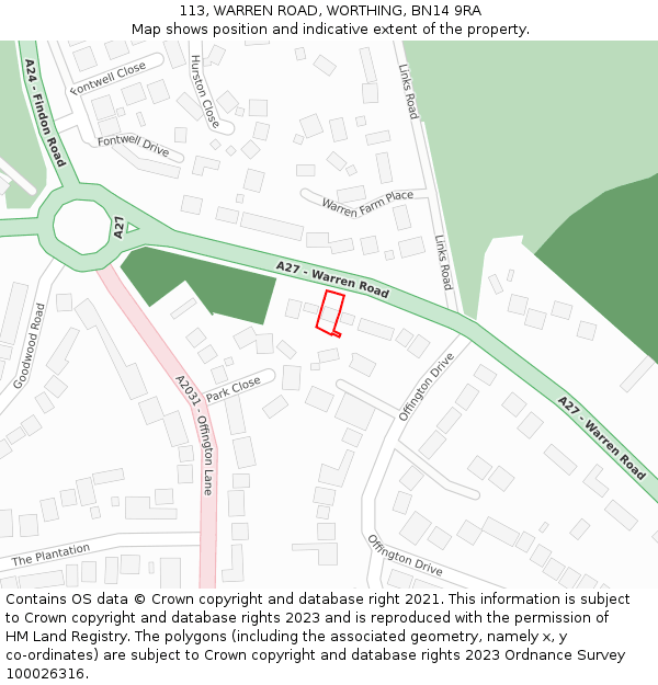 113, WARREN ROAD, WORTHING, BN14 9RA: Location map and indicative extent of plot