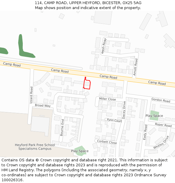 114, CAMP ROAD, UPPER HEYFORD, BICESTER, OX25 5AG: Location map and indicative extent of plot