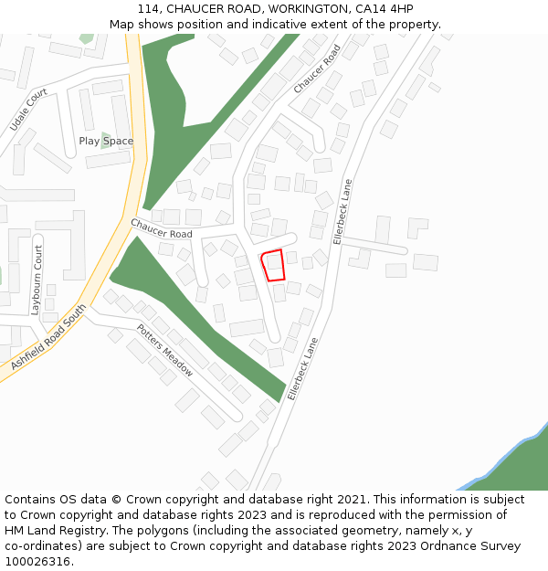 114, CHAUCER ROAD, WORKINGTON, CA14 4HP: Location map and indicative extent of plot