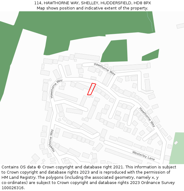 114, HAWTHORNE WAY, SHELLEY, HUDDERSFIELD, HD8 8PX: Location map and indicative extent of plot