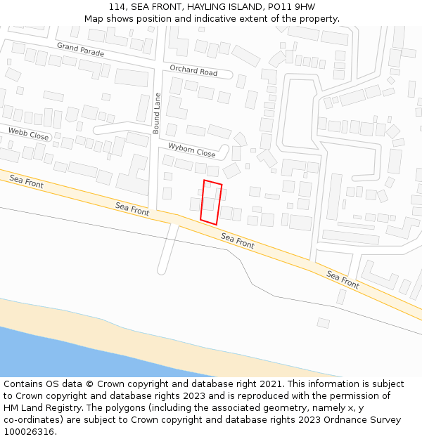 114, SEA FRONT, HAYLING ISLAND, PO11 9HW: Location map and indicative extent of plot