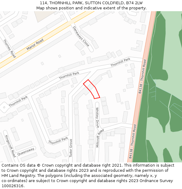 114, THORNHILL PARK, SUTTON COLDFIELD, B74 2LW: Location map and indicative extent of plot