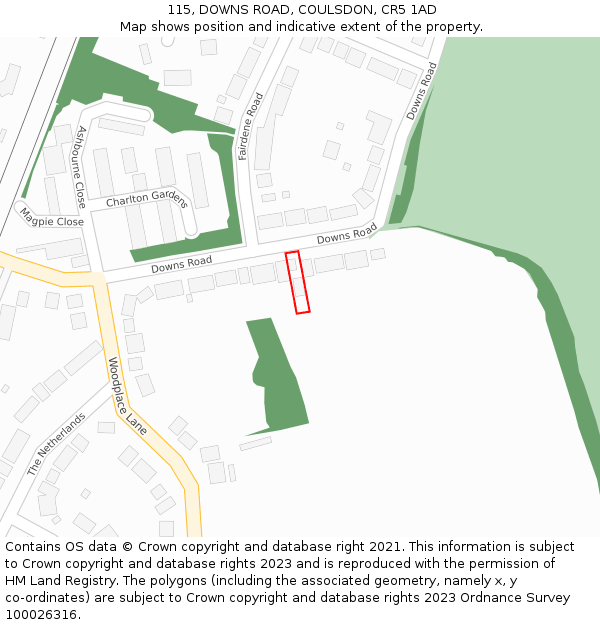 115, DOWNS ROAD, COULSDON, CR5 1AD: Location map and indicative extent of plot