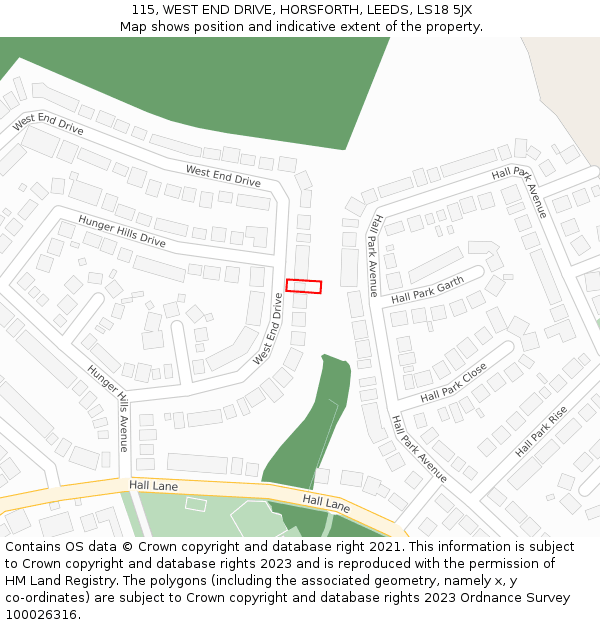 115, WEST END DRIVE, HORSFORTH, LEEDS, LS18 5JX: Location map and indicative extent of plot